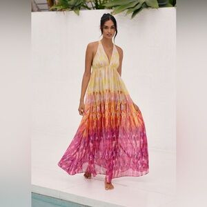 Anthropologie Sleeveless Large Petite Tiered Maxi Dress yellow pink colorful